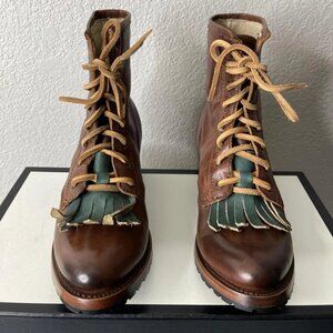 FREEBIRD BY Steven 'Robertson Combat Green Fringe Boot Brown Leather Womens 8 US